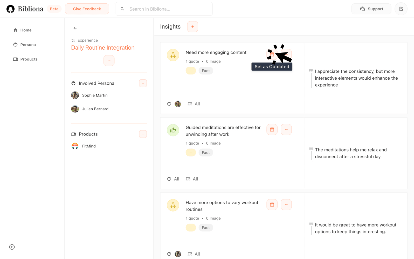 Bibliona archive feature for managing outdated UX insights