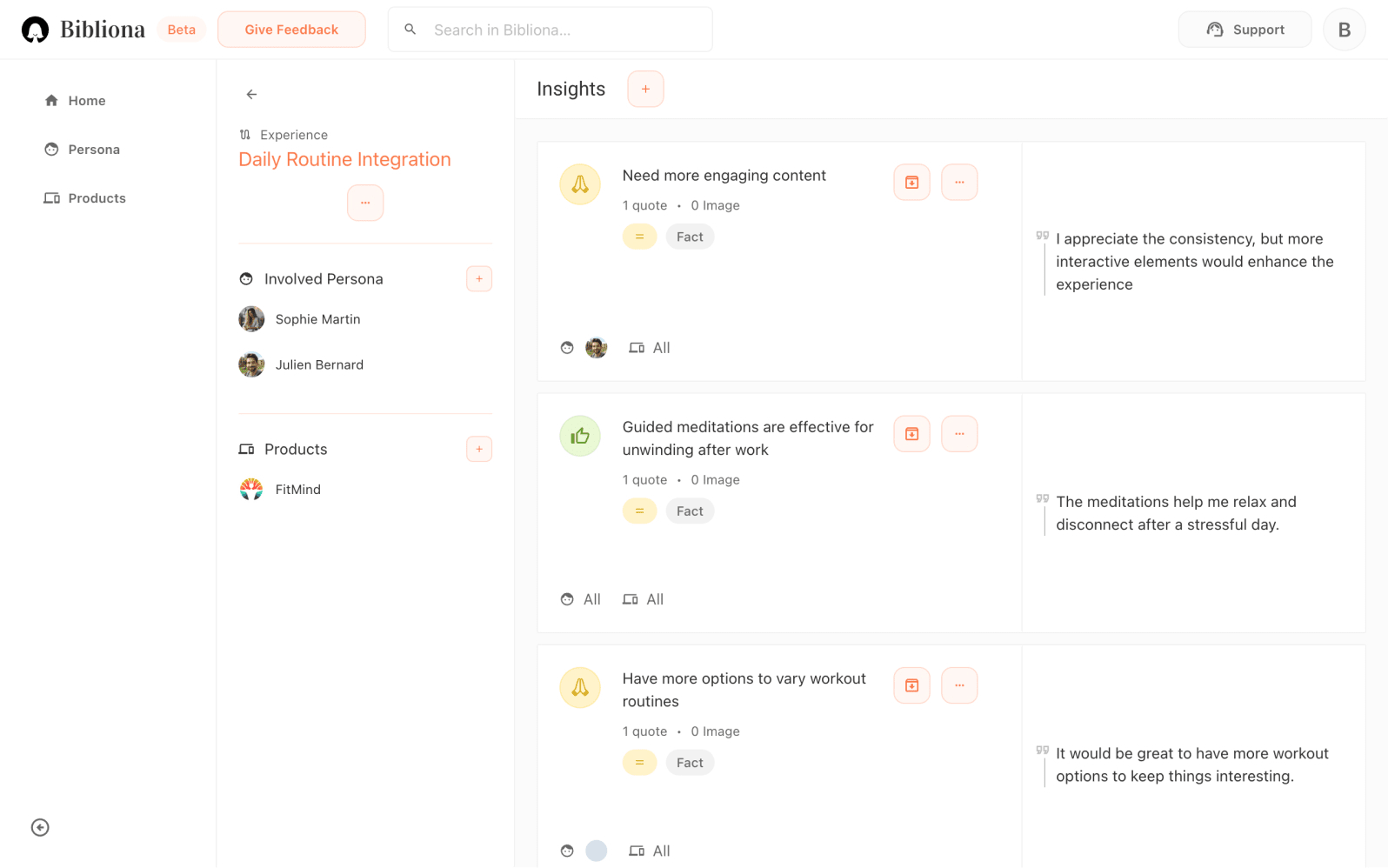 Bibliona insights list view for tracking UX research findings