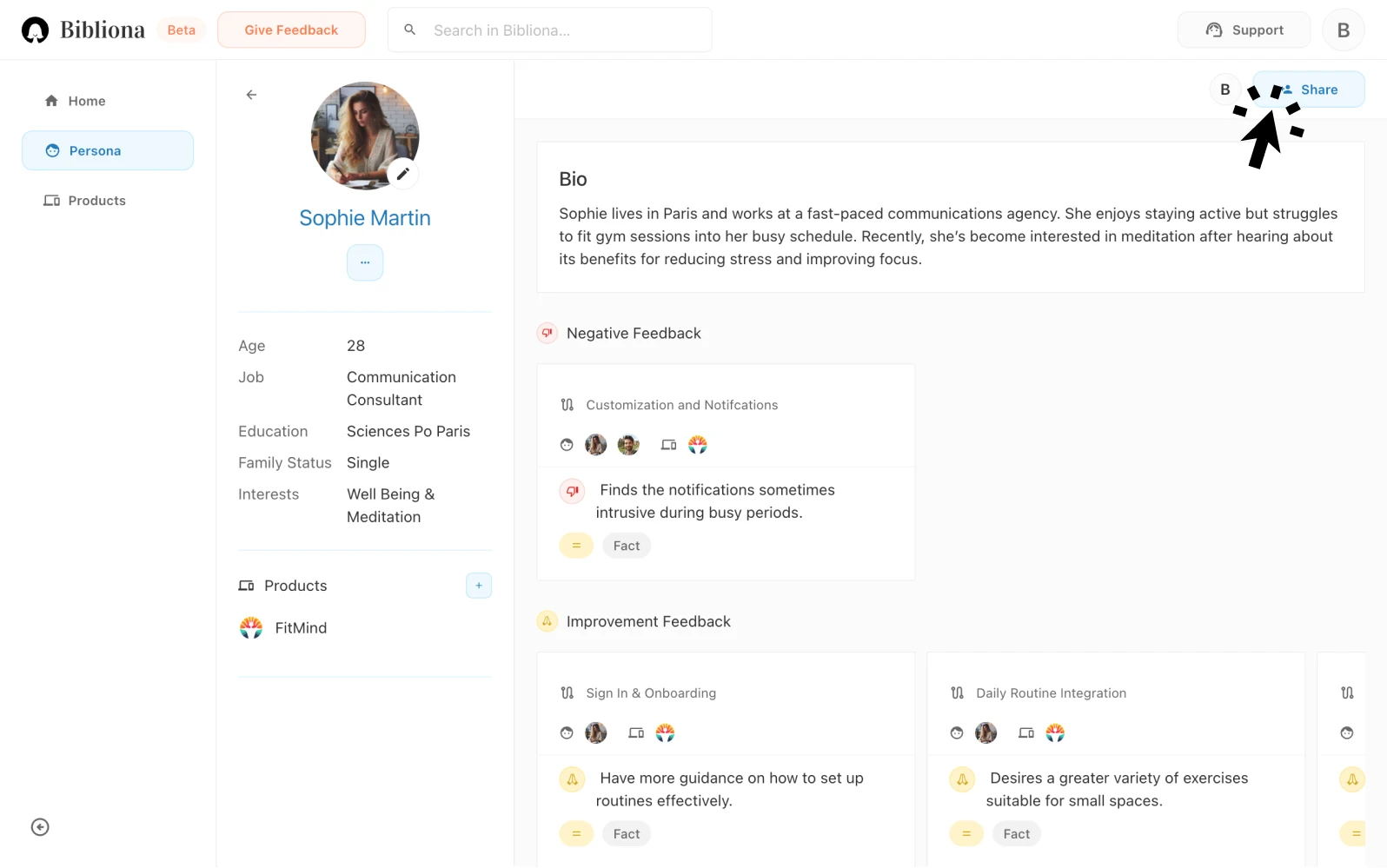 Bibliona sharing and collaboration features for UX teams